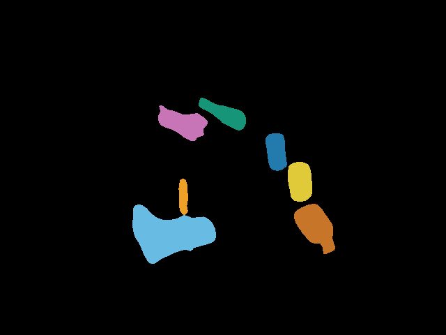 Integer instance-mask labels visualized for the objects in scene049 Interaction frame00185.